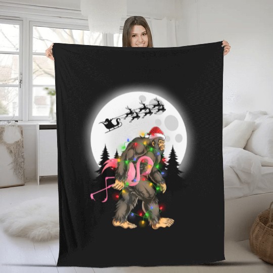 Bigfoot Carrying Flamingo Funny Sasquatch Fleece Blankets