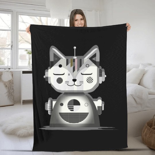 Geometric Robot Cat - Creative Illustration Fleece Blankets