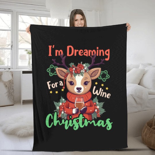 Christmas Reindeer Dreaming For Wine Fleece Blankets