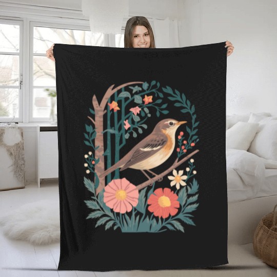 Cottagecore Bird and Floral Harmony Fleece Blankets
