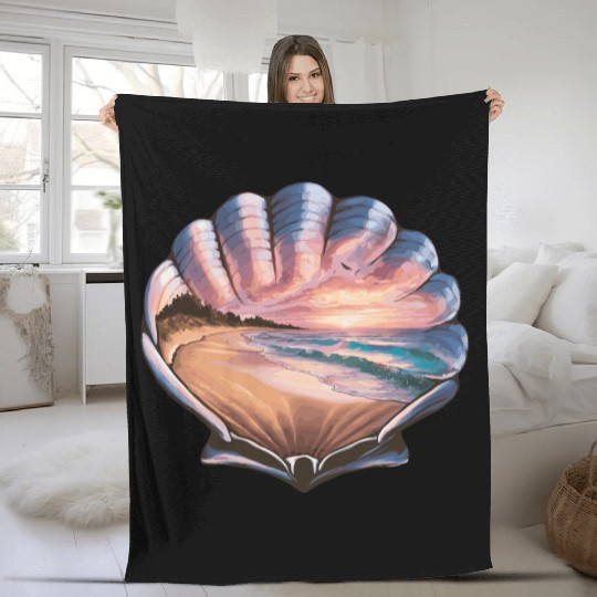 Seashell Beach Scene Serene Ocean Landscape Fleece Blankets