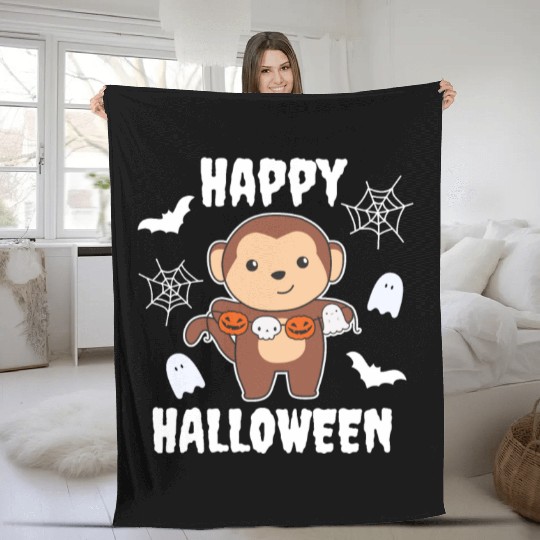 Monkey Happy Halloween Pumpkin Bat Costume Fleece Blankets
