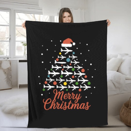 Merry Christmas Airplane Tree Vacation Fleece Blankets