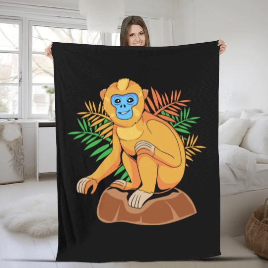 Funny Golden Snub Nosed Monkey Sitting Fleece Blankets