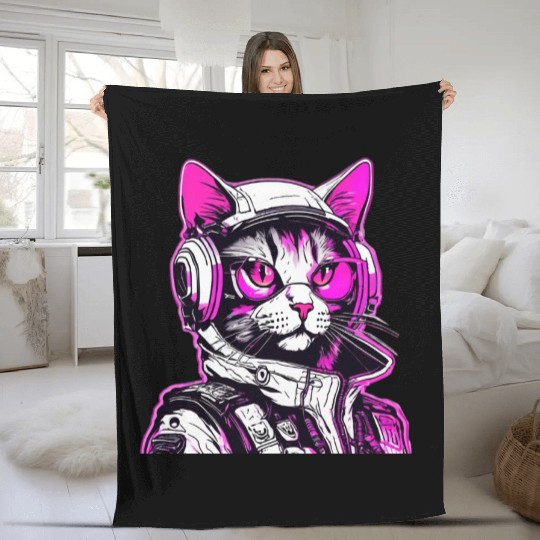 Punk Cat with Futuristic Headphones Fleece Blankets