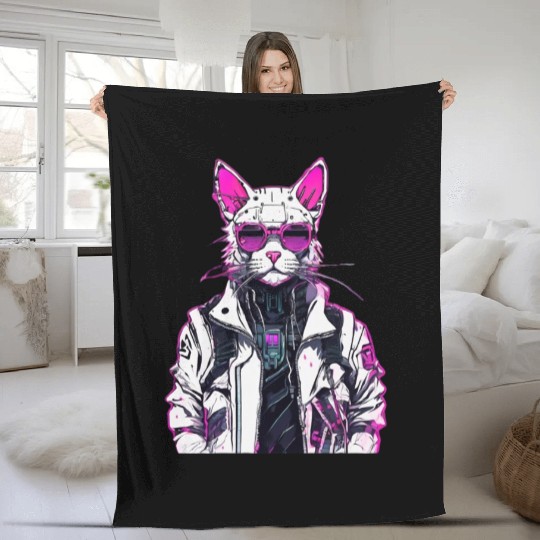 Cyberpunk Cat: Neon Outlaw Fleece Blankets