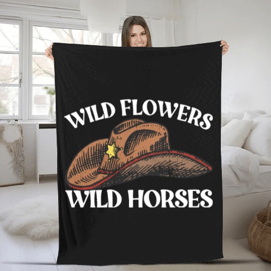 Wild Flowers Wild Horses Cowboy Hat Women's Fleece Blankets