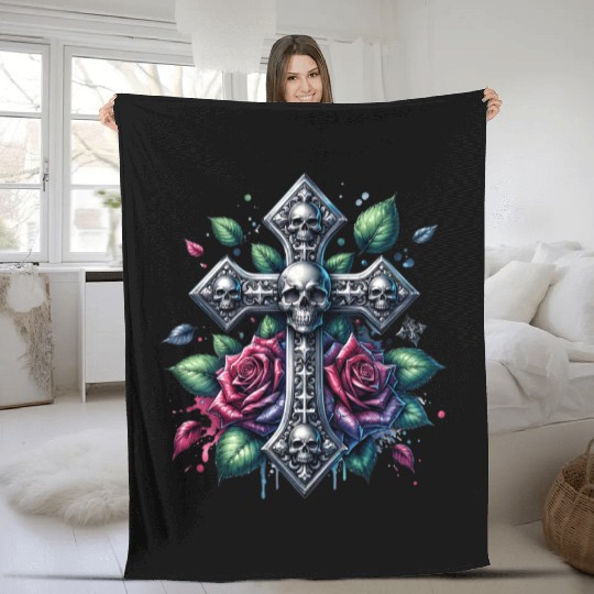 Gothic Collection - Cross, Skulls & Red Roses Fleece Blankets
