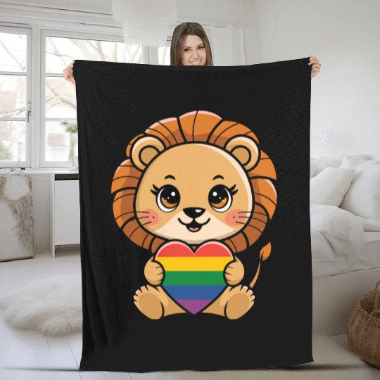 Cute Lion Holding Rainbow Heart LGTBQ Pride Fleece Blankets