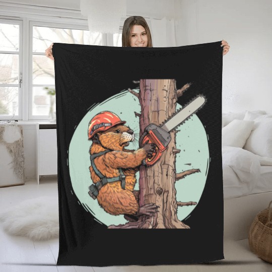 Beaver Lumberjack Chainsaw Fleece Blankets