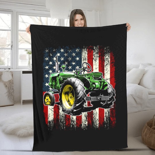Farmer Tractor Driver US Flag Independence Day Fleece Blankets