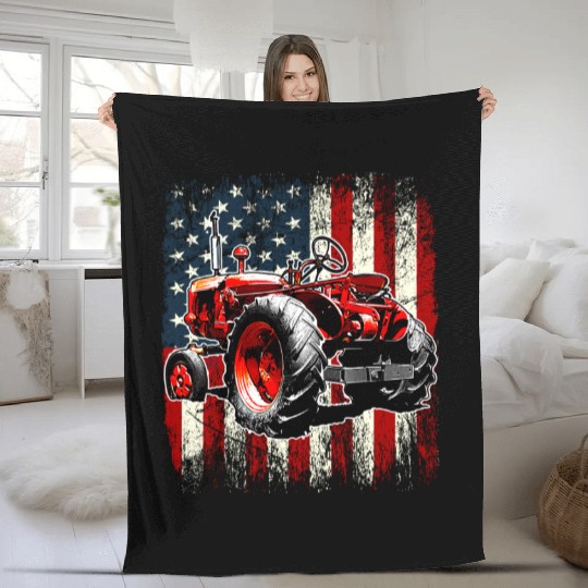 Patriotic Farmer Tractor USA Flag 4th Of July Fleece Blankets