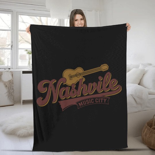 Nashville Music City Logo with Guitar Illustration Fleece Blankets