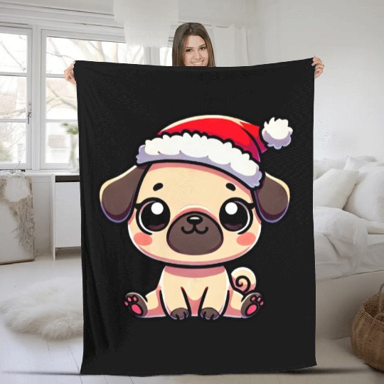 Cute Christmas Pug Cartoon with String Lights Fleece Blankets