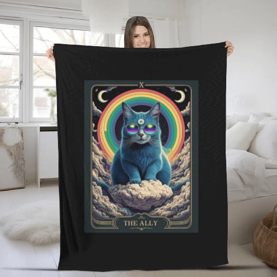 tarot card the alley blue cat rainbow sunglasses Fleece Blankets