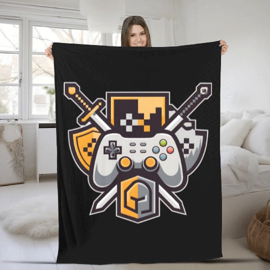 Gaming Logo – Pixel Art Controller and Sword Fleece Blankets