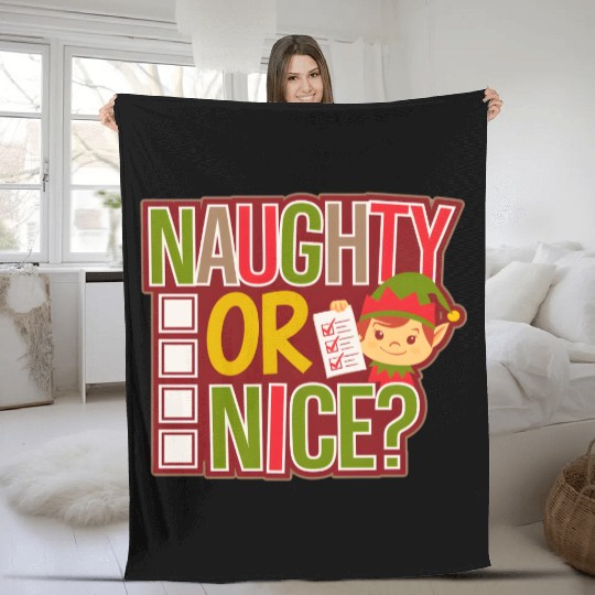 Playful Elf Naughty or Nice Holiday Fun Fleece Blankets