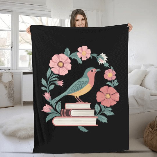 Cottagecore Bird and Books with Floral Beauty Fleece Blankets