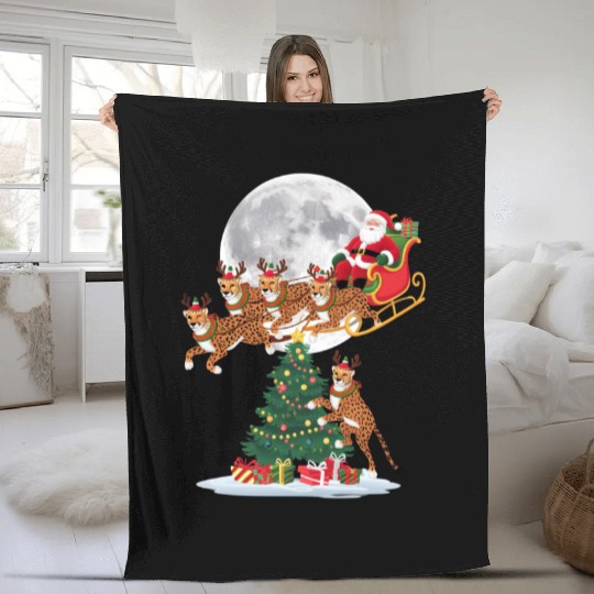 Xmas Tree Lights Funny Santa Riding Cheetah Fleece Blankets
