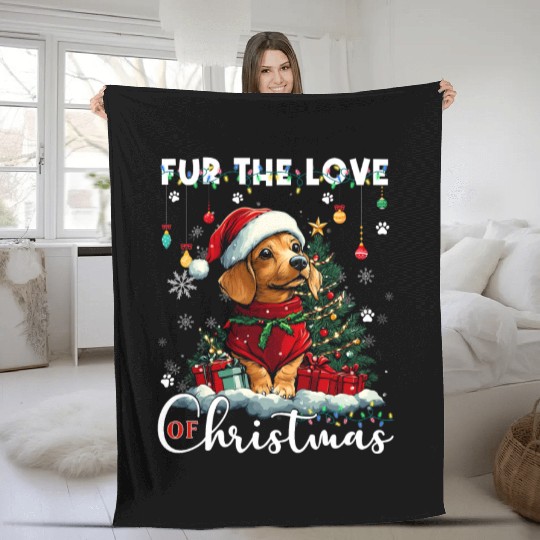 Dachshund Christmas Tree Lights Decorations Dog Fleece Blankets