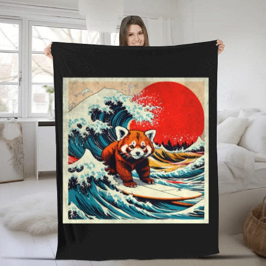 Red Panda surfing Japanese Funny Kawaii Red Panda Fleece Blankets