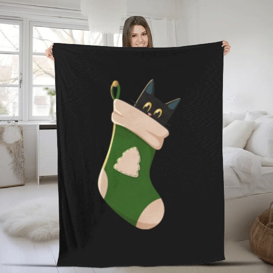 Black cat in Christmas stocking Fleece Blankets