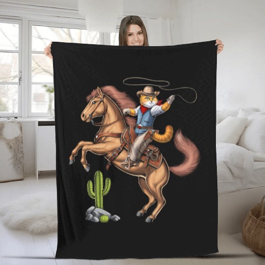 Cat Cowboy Riding Rodeo Horse Fleece Blankets