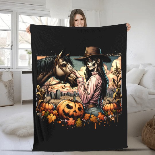 Haunting Cowgirl and Horse in Halloween Graveyard Fleece Blankets