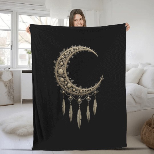 Elegant Moon With Feathers Fleece Blankets