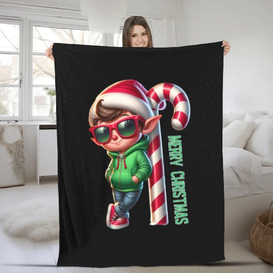 Merry Christmas Cool Elf with Candy Cane Vibes Fleece Blankets