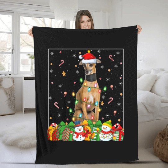 Greyhound Dog Christmas Lights Fleece Blankets