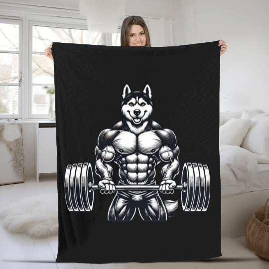 Cool Husky Fitness Bodybuilder Workout Cartoon Fleece Blankets