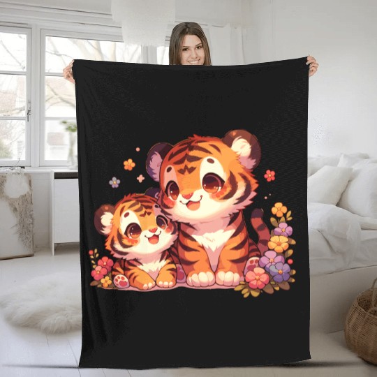 Adorable Tiger Cubs Surrounded By Flowers Fleece Blankets