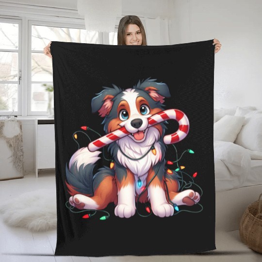 Christmas Dog Australian Shepard Lights Fleece Blankets