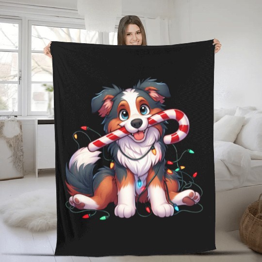 Christmas Dog Australian Shepard Lights Fleece Blankets