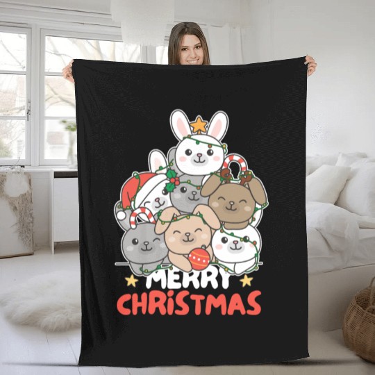 Bunny Christmas Tree Merry Christmas Fleece Blankets