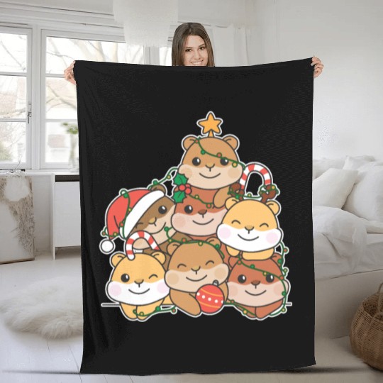 Hamster Christmas Tree Funny Animal Christmas Fleece Blankets