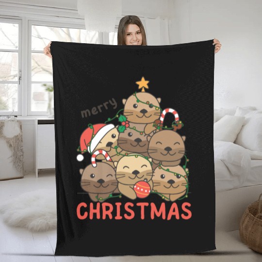 Otter Christmas Tree Merry Christmas Fleece Blankets
