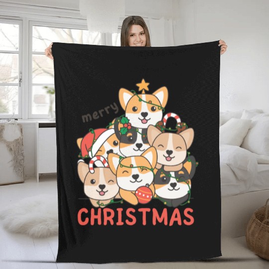 Corgi Christmas Tree Merry Christmas Fleece Blankets