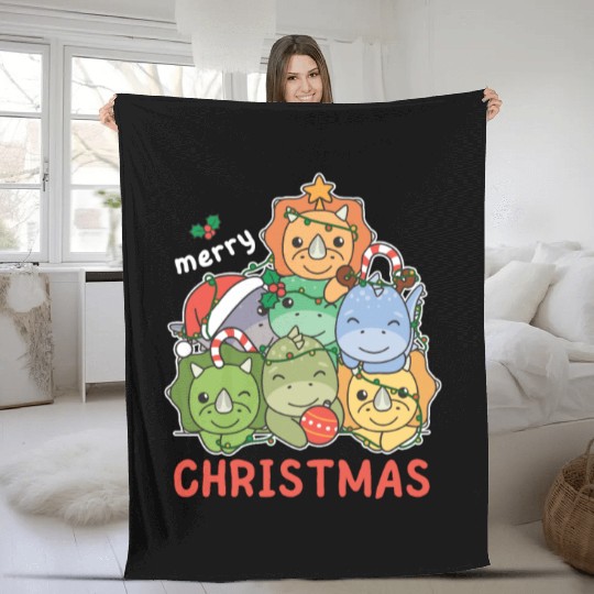 Dinosaur Christmas Tree Merry Christmas Fleece Blankets
