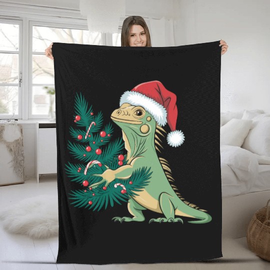 Christmas Tree Santa Iguana Fleece Blankets