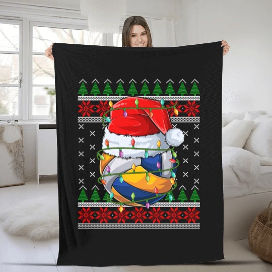 Volleyball Ugly Christmas Santa Hat Fleece Blankets