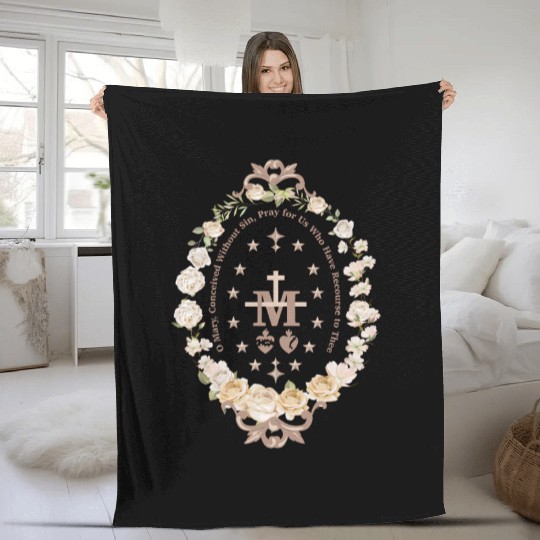 Marian Catholic Virgin Mary Marian Cross Floral Fleece Blankets
