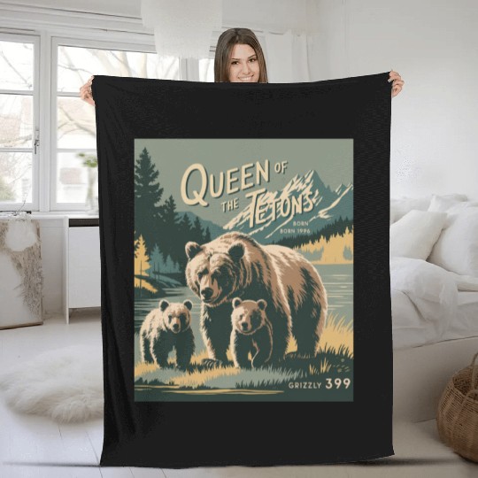 Queen of the Tetons Grizzly 399 Vintage Nature Art Fleece Blankets