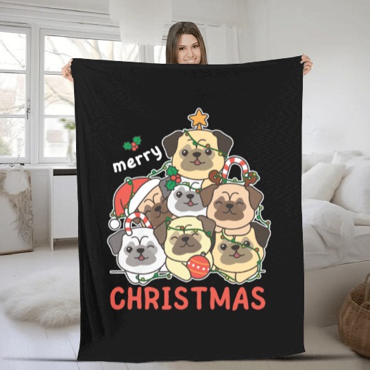 Pug Christmas Tree Merry Christmas Fleece Blankets