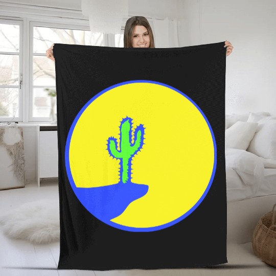Cactus Moon Evening Mountain Cliff Night Round Sun Fleece Blankets