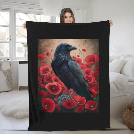 Raven Red Poppies Gothic Nature Art natural Fleece Blankets