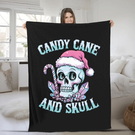 Candy Cane And Skull Pastel Goth Christmas Skull Fleece Blankets
