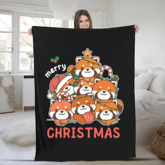 Red Panda Christmas Tree Merry Christmas Fleece Blankets