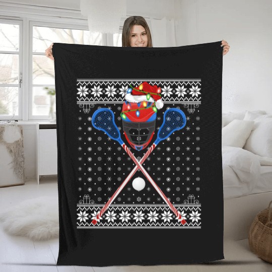 Lacrosse Player Ugly Christmas Fleece Blankets